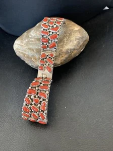 Mens Red Coral Navajo Sterling Silver Old Pawn Watch Tip Bracelet 12152 - Imagen 1 de 12