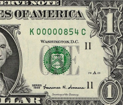 1999 $1 Federal Reserve Note Low 3 digit Serial Number Dallas K00000854C PMG65 - Image 1 of 4