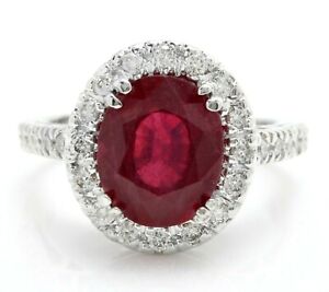 5.40 Carat Natural Red Ruby and Diamonds in 14K Solid White Gold Ring