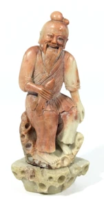 Antica statuina pescatore cinese intagliato pietra ollare 5,25" + base - Foto 1 di 10