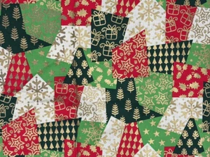 Christmas Fabric Green Red Patchwork & Gold Overlay Design Cotton VIntage JoAnns - Picture 1 of 5