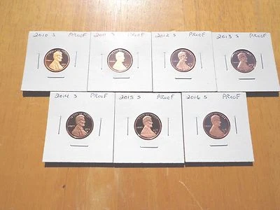 2010 S 2011 S 2012 S 2013 S 2014 S 2015 S 2016 S Lincoln Proof Penny 7 Coin Set  - Image 1 of 2