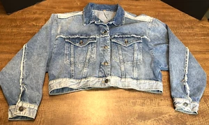 Free People Bedford blu denim oversize giacca cropped frange donna media - Foto 1 di 21