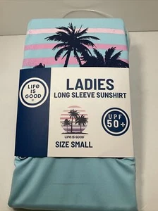 Life Is Good Ladies Long Sleeve Sunshirt SMALL W/ UPF 50+  Blue Palm Trees - Picture 1 of 3