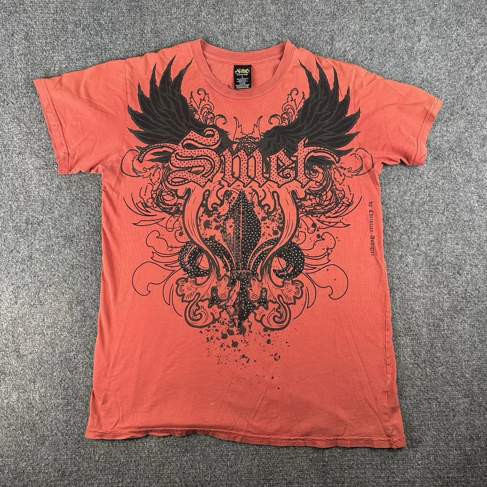 Smet by Christian Audiger 十字架水钻衬衫中号男式红色 Y2K Grunge 00s — 第 1/4 张图片