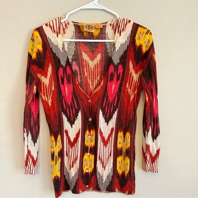 Tory Burch Red Pink Yellow 100% Wool Lightweight Cardigan Sweater Womens Medium - Image 1 of 4