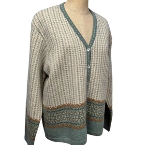 Vintage 100 % Lammwolle Strickjacke Fair Isle nordisch Damen XL türkis creme Academia Twee - Bild 1 von 10