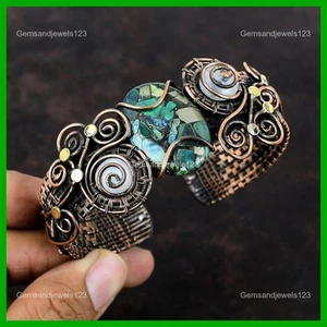 Copper Azurite Malachite Stone Rainbow Moonstone Copper Wire Wrapped Bangle Cuff - Picture 1 of 6