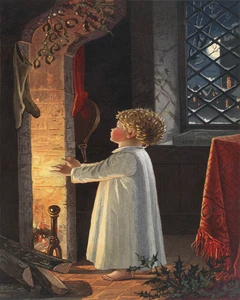 Antiguo póster de Navidad niño en chimenea 8" x 10" impresión de bellas artes giclee - Imagen 1 de 1
