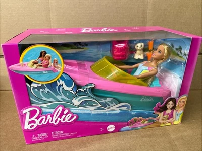 Barbie Muñeca y Juguete Barco Juego con Mascota Cachorro, Chaleco Salvavidas y Accesorios para Bebidas, Foto 1 de 4