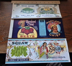 LOTE de 3 etiquetas antiguas ORIGINALES publicidad vegetal lata arte nativo americano - Imagen 1 de 10