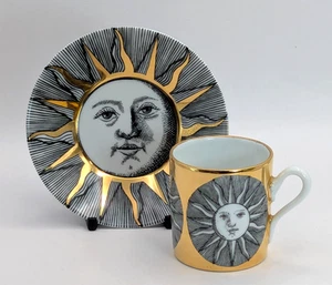FORNASETTI Milano SOLI " Sun " Porcelain Gold Espresso Cup and Saucer - Picture 1 of 11