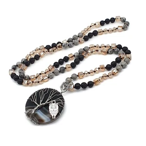 Necklace Beaded Crystal Large Round Wire Wrapped Black Agate Pendant Long Boho - Picture 1 of 23