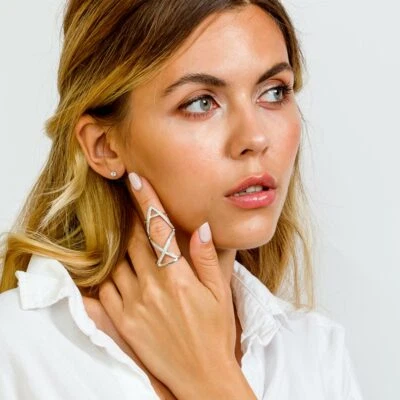 ANILLO BISAGRA AJUSTABLE DEDO PLATA ESTERLINA COMPLETO DAMAS DIAMANTES SIMULADOS Foto 1 de 4