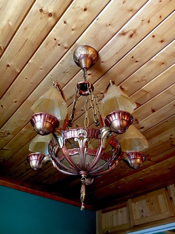 Antique Art Deco Lincoln Slip Shade Smoke Bell Chandelier Fixture Copper Gold Cover