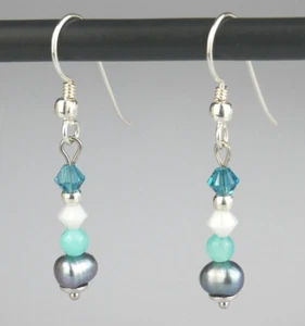 Perlen Ohrringe 925 Silber Amazonit Süßwasserperle Ohrhaken Hängeohrringe türkis - Bild 1 von 2