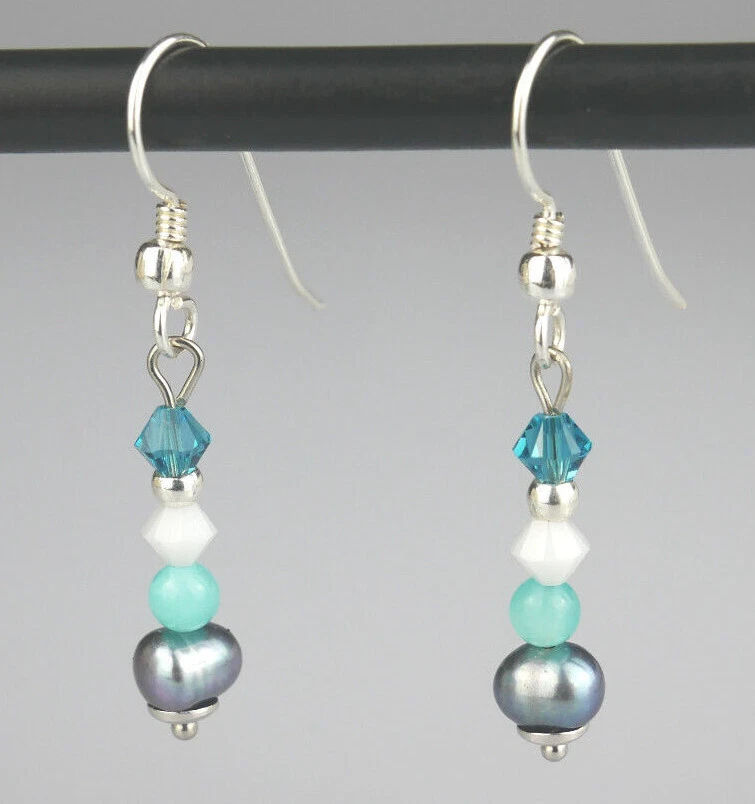 Perlen Ohrringe 925 Silber Amazonit Süßwasserperle Ohrhaken Hängeohrringe türkis - Bild 1 von 1