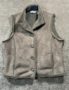 LL Bean Vest Womens XL Faux Suede Sherpa Lined Button Front Casual Brown - Picture 1 of 7