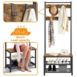 73" Metal Hall Tree Coat Rack Stand& Shoe Storage Bench Clothes Hanger Organizer - Picture 1 of 10