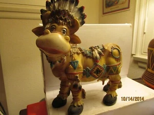 VERY RARE Vintage Cow Steer FIGURINE w/  Indian Headdress-7" x  6"- used nice - Picture 1 of 7