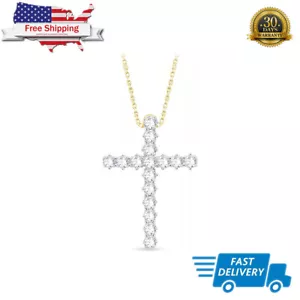 0.30 Ct Natural Diamond Cross Crucifix Pendant Necklace 14K Yellow Gold Plated - Picture 1 of 6