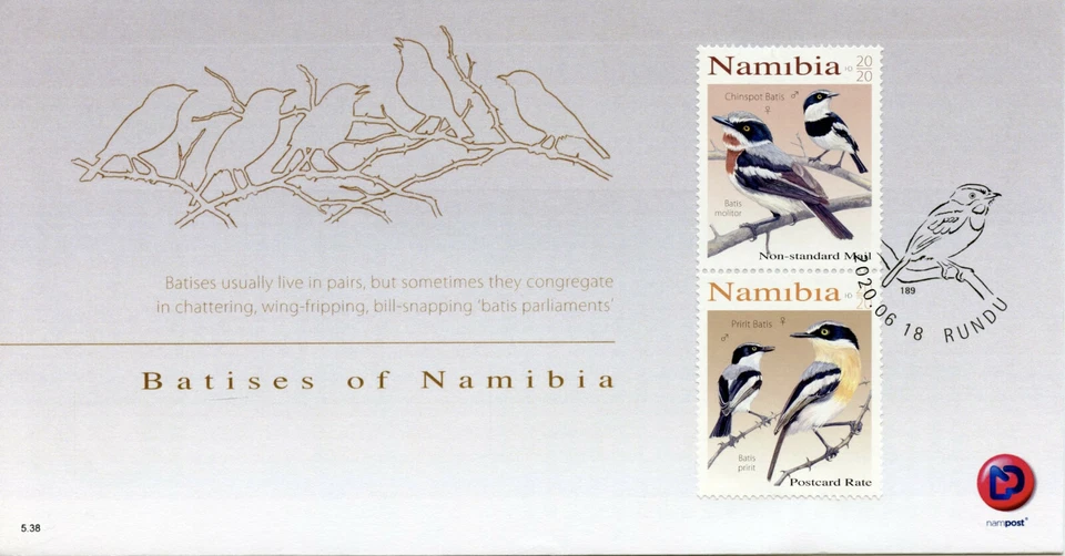 Namibia Birds on Stamps 2020 FDC Batises Pririt Chinspot Batis Fauna 2v Set - Image 1 of 1