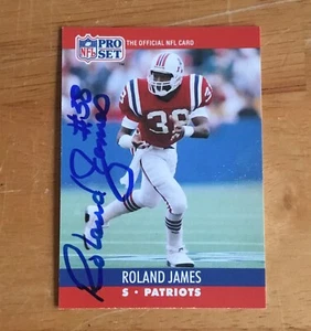 Tarjeta de fútbol americano Roland James New England Patriots firmada con autógrafo 1990 conjunto profesional - Imagen 1 de 2