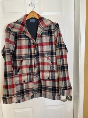 Pendleton Wmns Vintage Vrg Wool  Jack-Shirt Sz M Grey Ivory Plaid Snap Pckts Lnd - Image 1 of 4