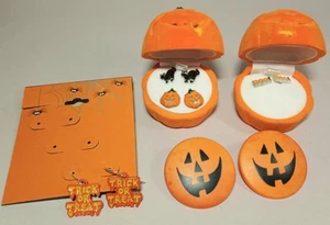 Halloween Earrings Lot Pumpkiin Case Flocked Fuzzy Jack-o-lantern Black Cat 1988 - Bild 1 von 10