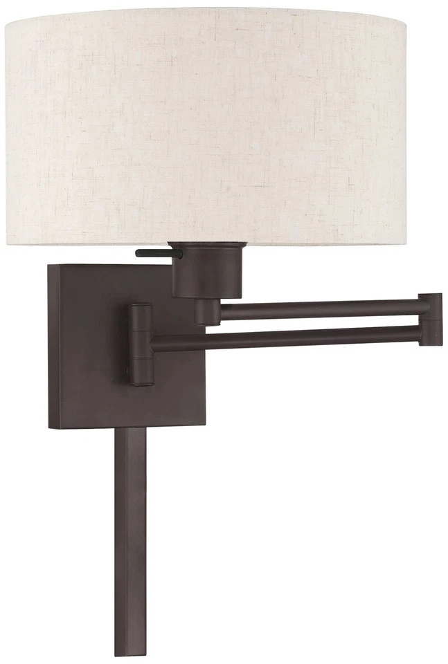 Bronze Swing Arm Wall Lamp with Oatmeal Fabric Drum Shade - Image 1 of 1