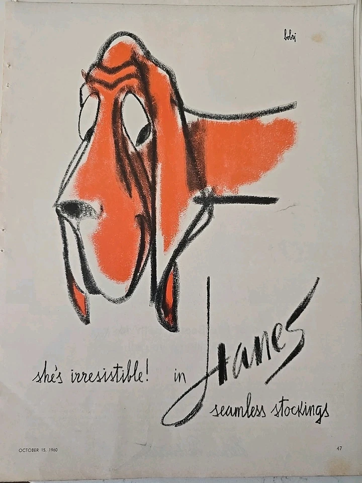 Medias sin costuras Hanes 1960 para mujer calcetería perro bobri anuncio artístico  Foto 1 de 1