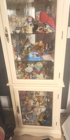 Curio Cabinet Wood Glass Mirror Filled w/ Dolls - A Unique Find! Cover