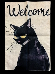New GARDEN FLAG 12" X 18.5" HALLOWEEN WELCOME CAT BURLAP FABRIC New - Picture 1 of 4