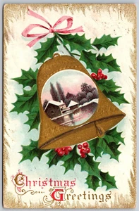 Postcard Christmas Greetings Bell w Circular Country Scene Inset Holly Pink Bow - Picture 1 of 2