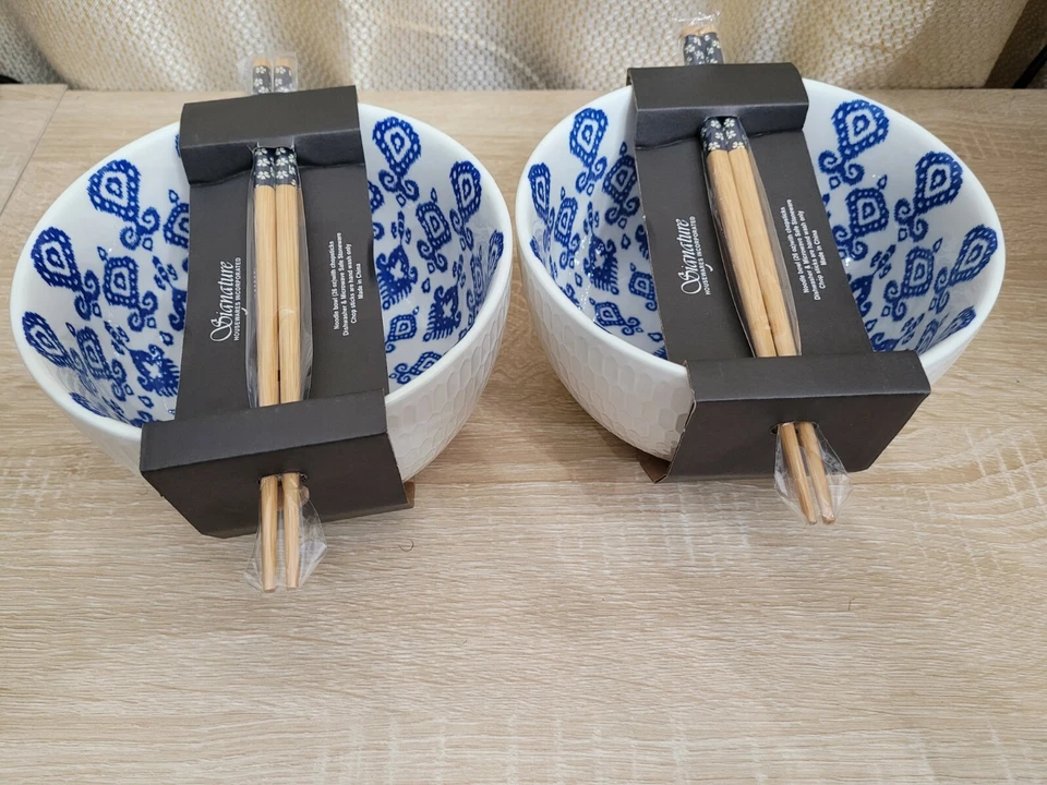 Set of 2 Blue & White Signature Housewares Incorporated Noodle Bowls + Chopstick - Image 1 of 4