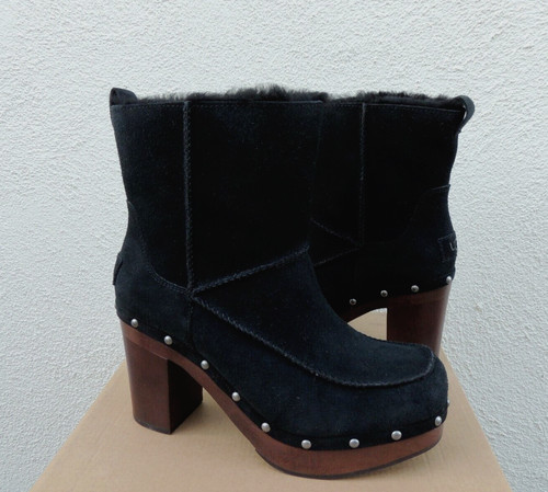 UGG STIVALETTI NERI KOURI SCAMOSCIATI PELLE DI PECORA ZOCCOLI DONNA US 5 EUR 36 ~ NUOVI CON SCATOLA