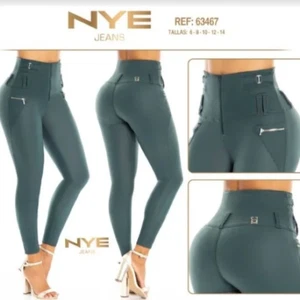NYE JEANS COLOMBIANOS, Butt Lifter Green Faux Leather Skinny Push Up Jean #63467 - Picture 1 of 12