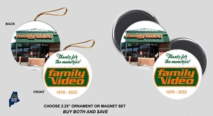FAMILY VIDEO Ornament / Magnets - Vintage Defunct Retail Logo VHS Movie Rental - Picture 1 of 1