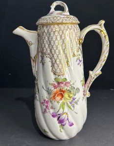 Antique Franziska Hirsch Dresden 9.25” Chocolate Pot Gold Gilt Floral *READ* - Picture 1 of 14