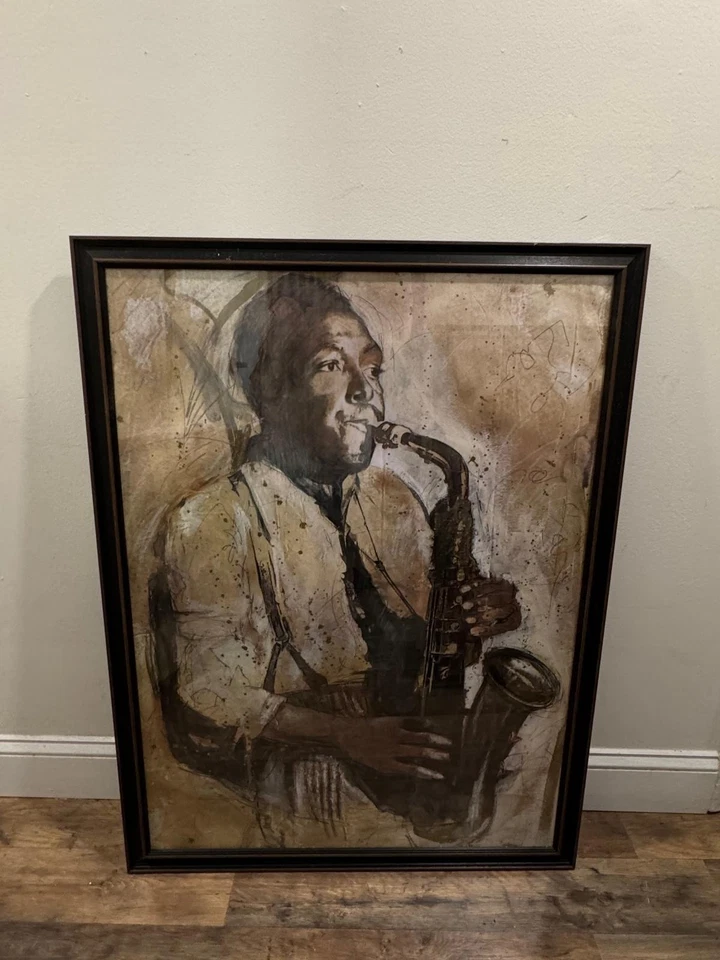 Impresión de pintura de saxofonista de jazz enmarcada - arte de pared en tono sepia Foto 1 de 2