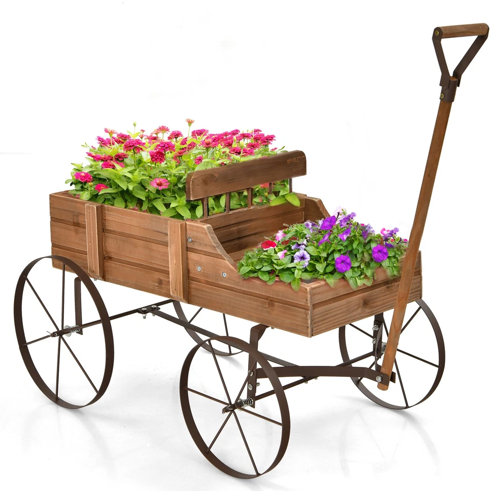 Wooden Wagon Plant Bed With Wheel for Garden Yard-Brown - Color Brown