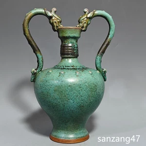 14.6" Antiquated song dynasty Porcelain jun kiln Green Fambe double Dragon vase - Picture 1 of 9