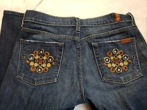 7 for all Mankind Womens Bootcut Dark Wash Jeans Sz 29 Medallion Pockets - Picture 1 of 9