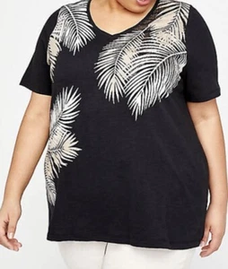 Catherine's 1x 18/20 Tee Shirt Top Women's Black Shimmering Foil Dots Palm Leaf - Picture 1 of 4
