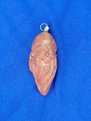 ANTIGUO COLGANTE CARA HOMBRE SABIO MADERA TUERCA HEDIAO TALLADO A MANO CHINO ANTIGUO Foto 1 de 4