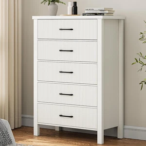 White Dresser 5 Drawer Dresser for Bedroom, Modern Fluted Dresser with Solid Woo - Picture 1 of 12