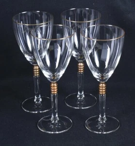 (4) Clear BLOWN GLASS 8oz WINE GLASSES w/ Gold Rim & Banded 1" Ring Stem 8"H - Picture 1 of 5