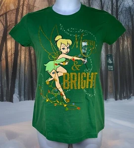 Disney Store Women’s Tinkerbell Merry And Bright Holiday Christmas Glitter Shirt - Picture 1 of 10