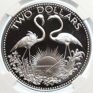 1976 The BAHAMAS Islands TWO FLAMINGOS Vintage Proof Silver $2 Coin NGC i106602 - Picture 1 of 5