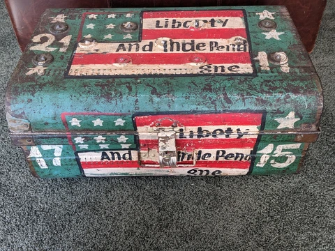 Antique Steamer Trunk Folk Art Americana Steel Chest 19 C. Art Cover